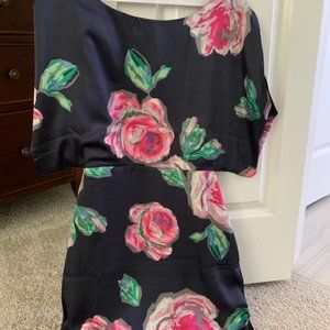 Navy and pink satin floral print dress
